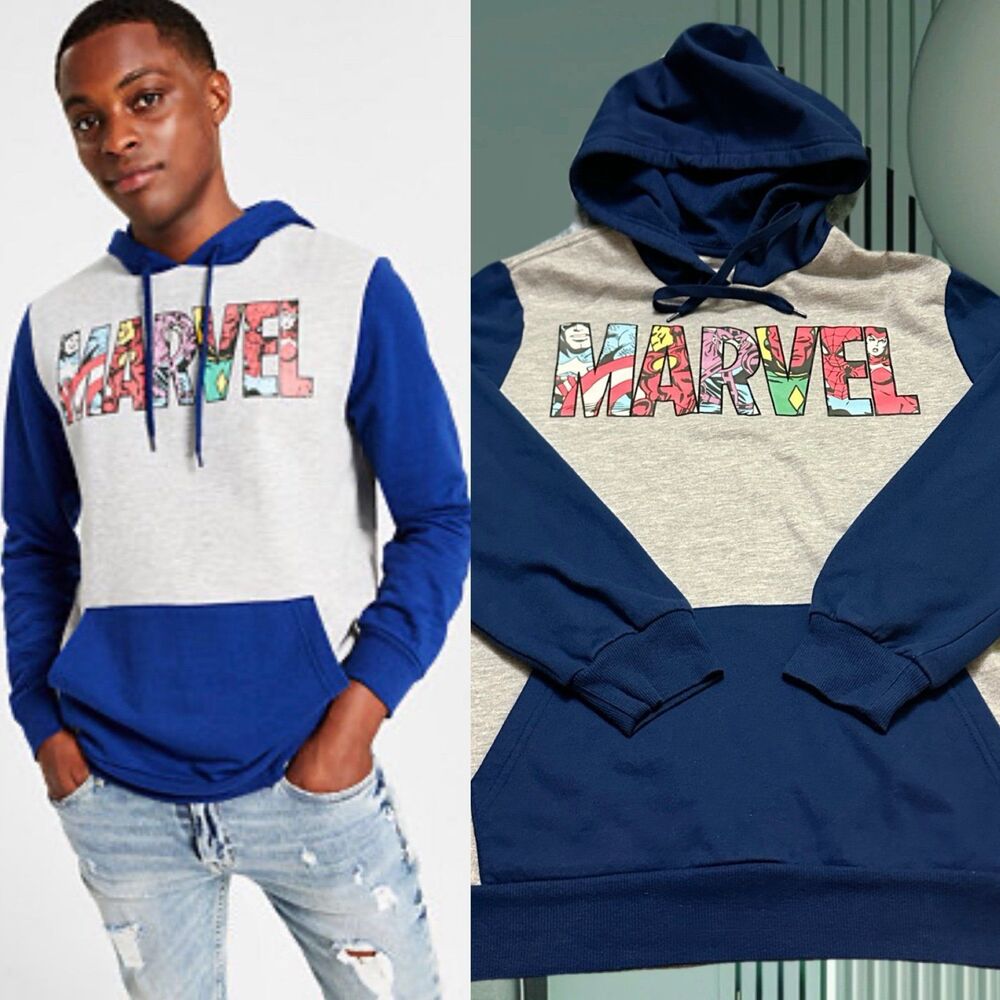 Men's Marvel Hoodie Gray Blue Comic Logo Pullover Sweatshirt